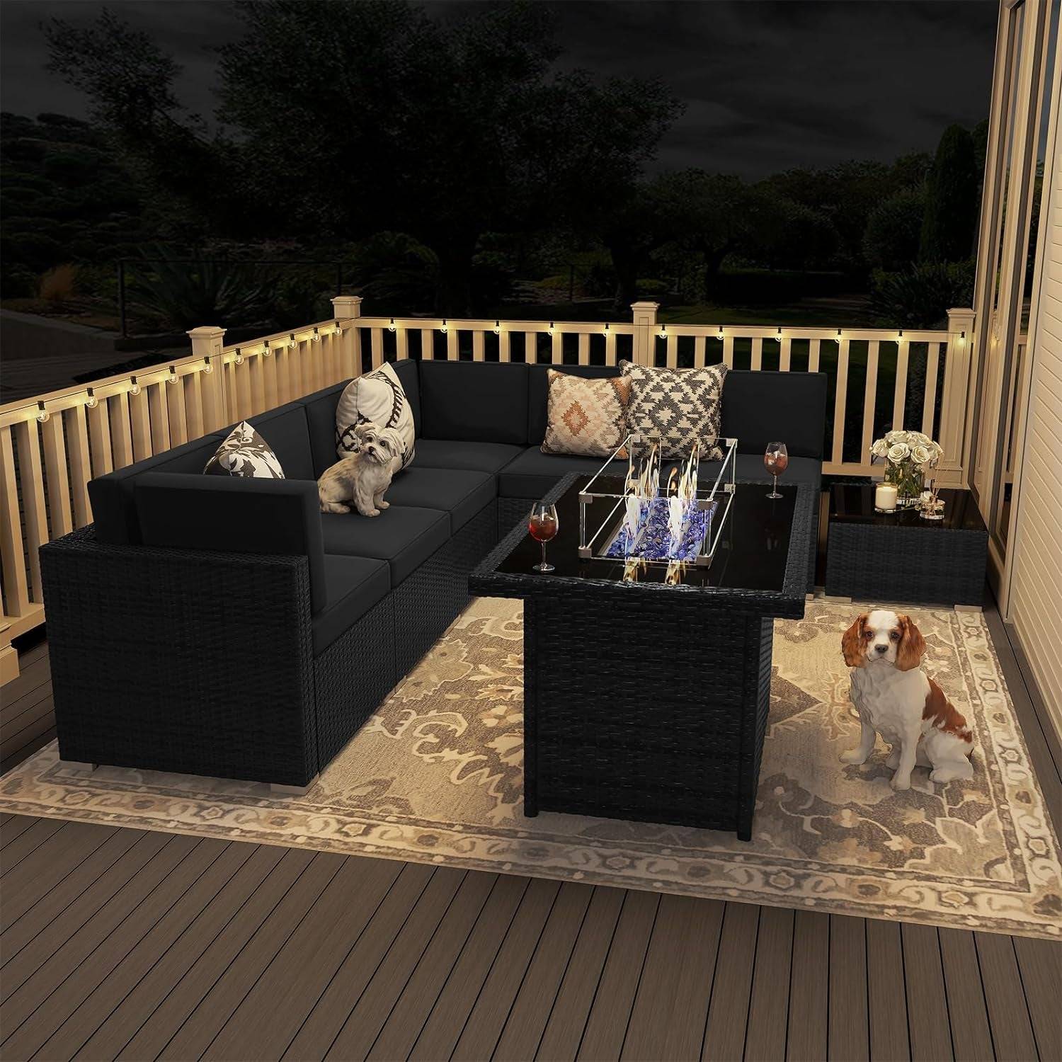8 Pieces Patio Furniture Set with 44&quot; Propane Gas Fire Pit Table,