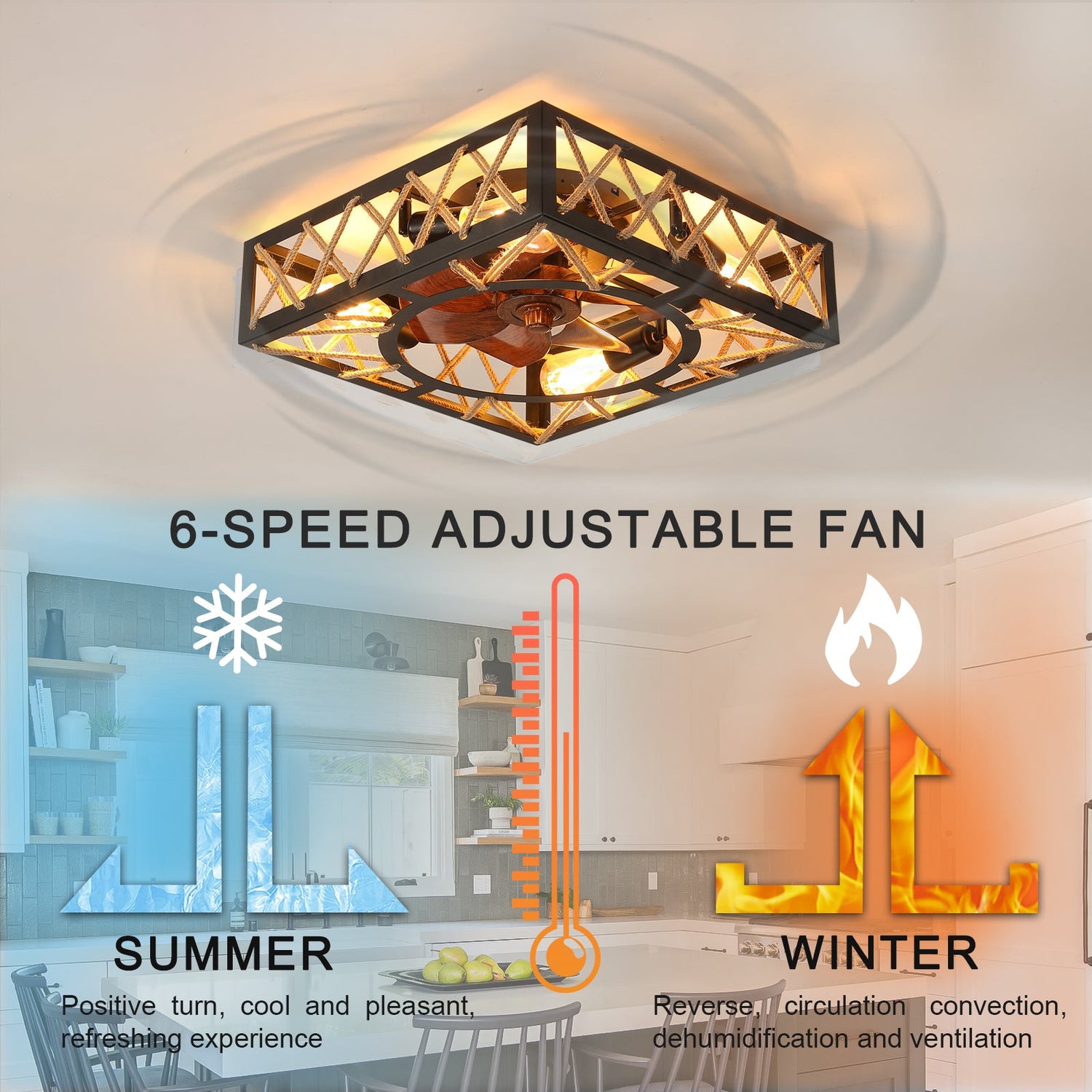 Farmhouse Rustic Ceiling Fan and Remote Control,Square Caged