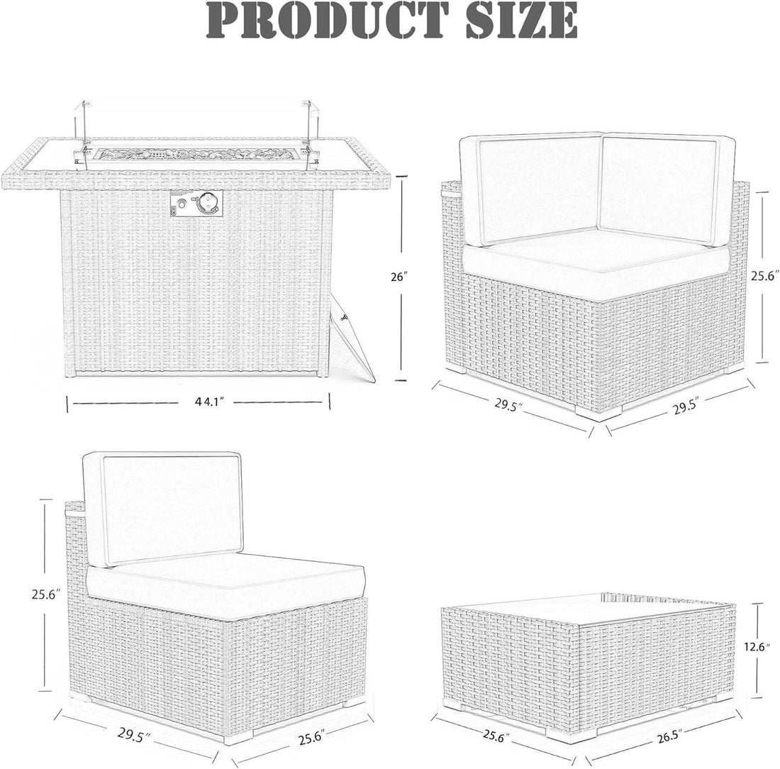 8 Pieces Patio Furniture Set with 44&quot; Propane Gas Fire Pit Table,