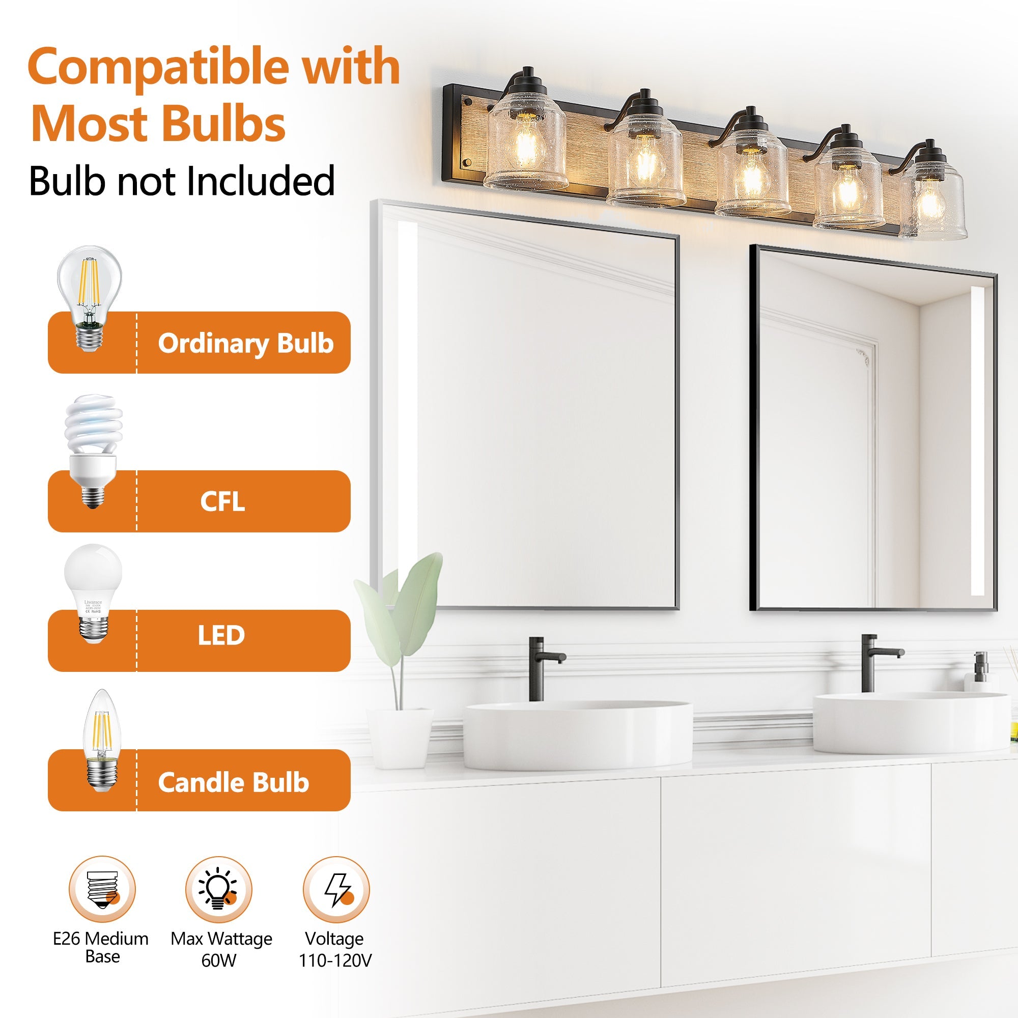 Farmhouse Vanity Light Fixture, 5-Light Bathroom Wall Sconce with