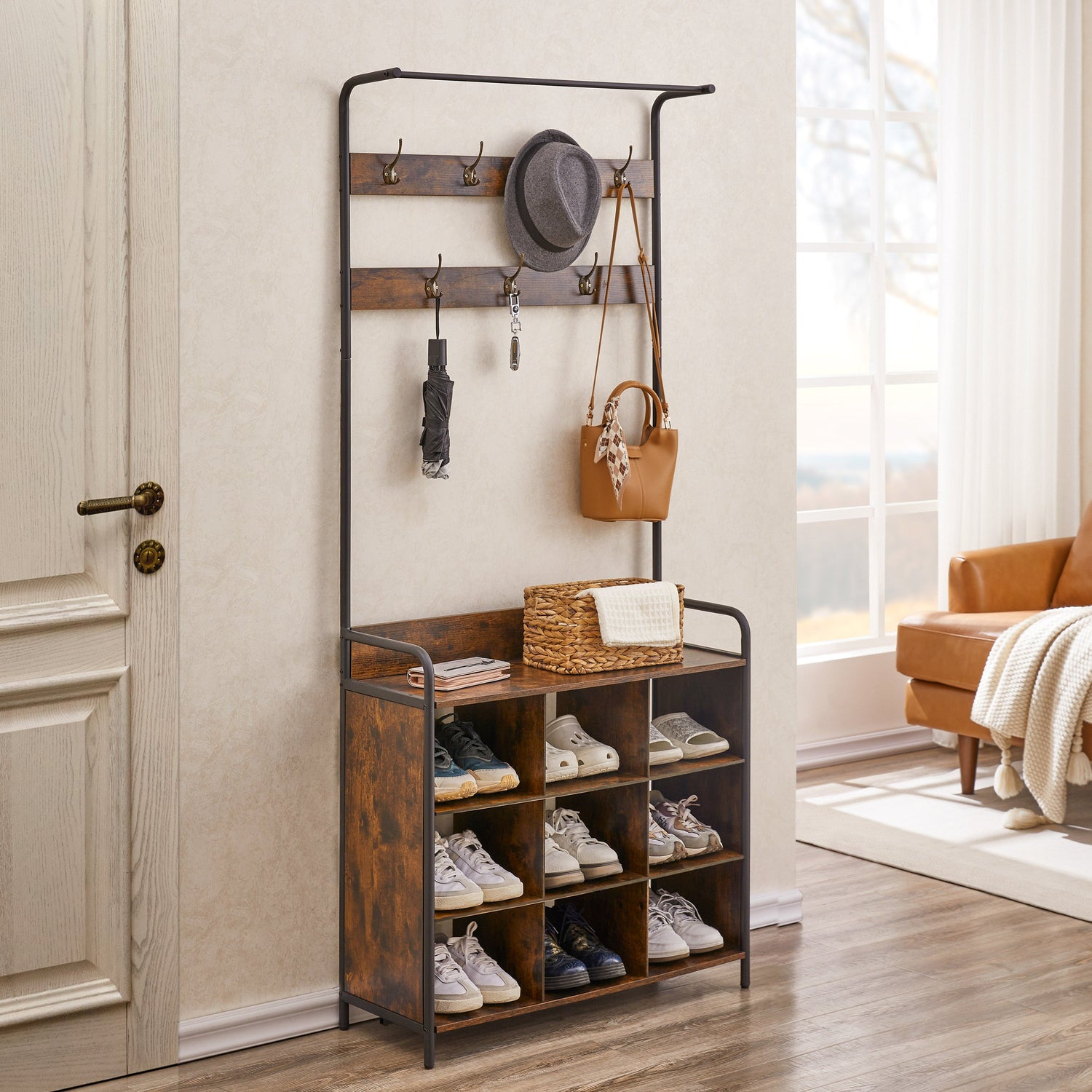 Coat Rack, Hall Tree with Shoe Rack for Entryway, 3-in-1 Entryway Coat