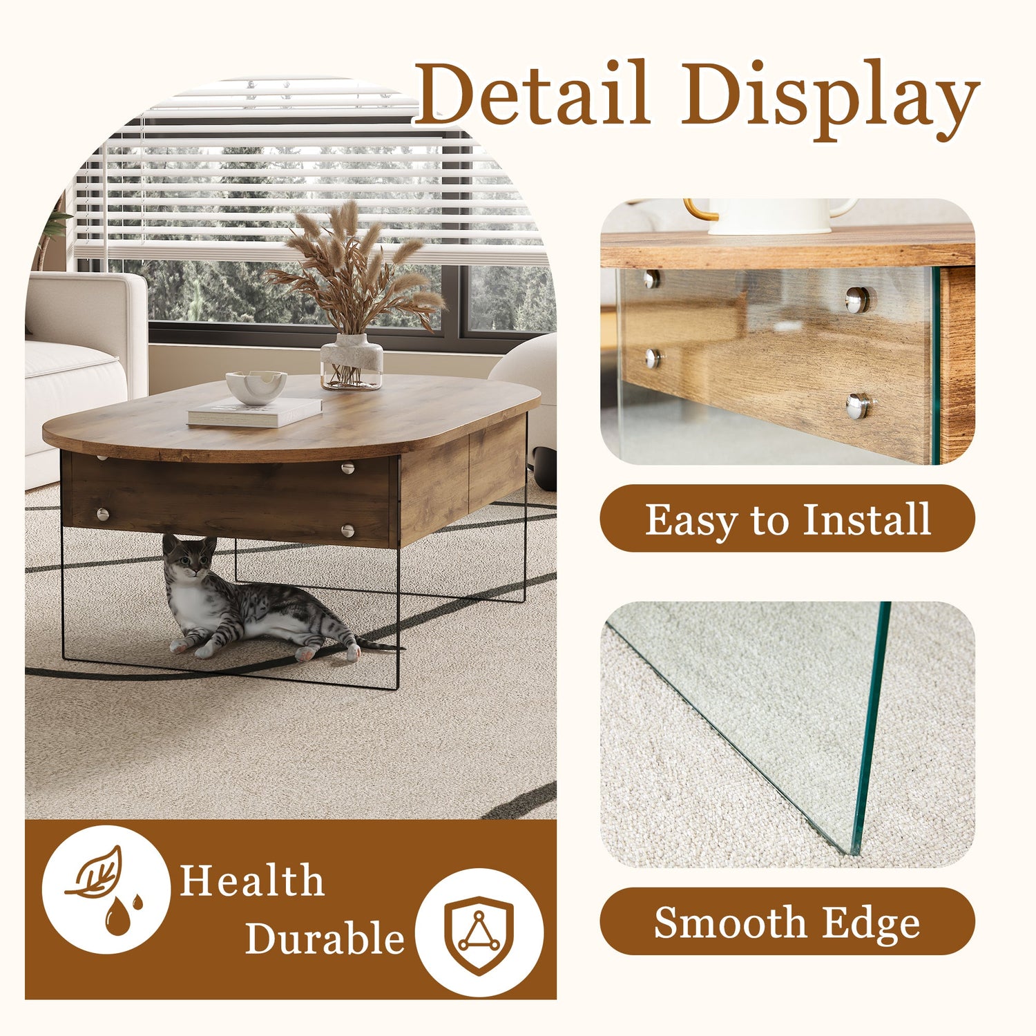 Cozy Natural Oval Double Drawer Coffee Table - 43.3&
