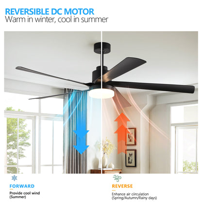 65 Inch Black Ceiling Fan with Light, 5-Blade Dimmable LED Ceiling Fan