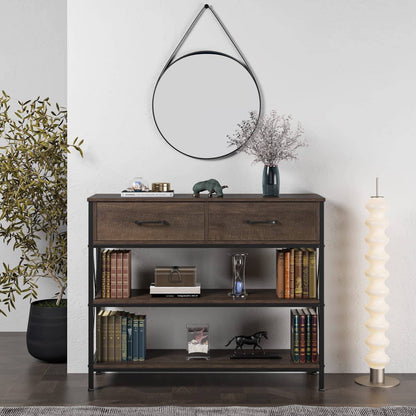 Vintage Industrial Sofa Table with Drawers and Shelves