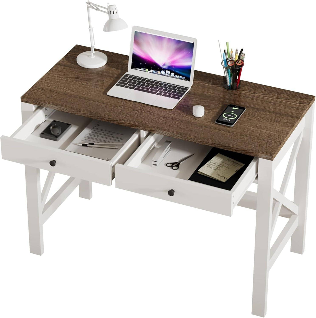 Farmhouse Desk 39&quot; Computer Desk with Drawers, Small Study Writing