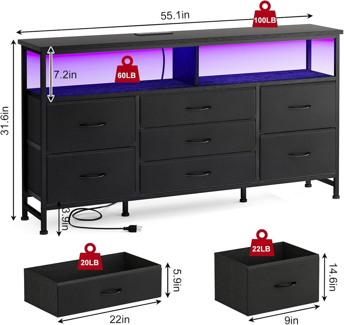 Black Dresser for Bedroom with Power Outlets and LED Lights, 55 Inch
