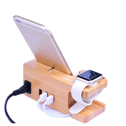 2 in 1 Bamboo Wood Charging Station Stand 3 USB for iPhone &amp;
