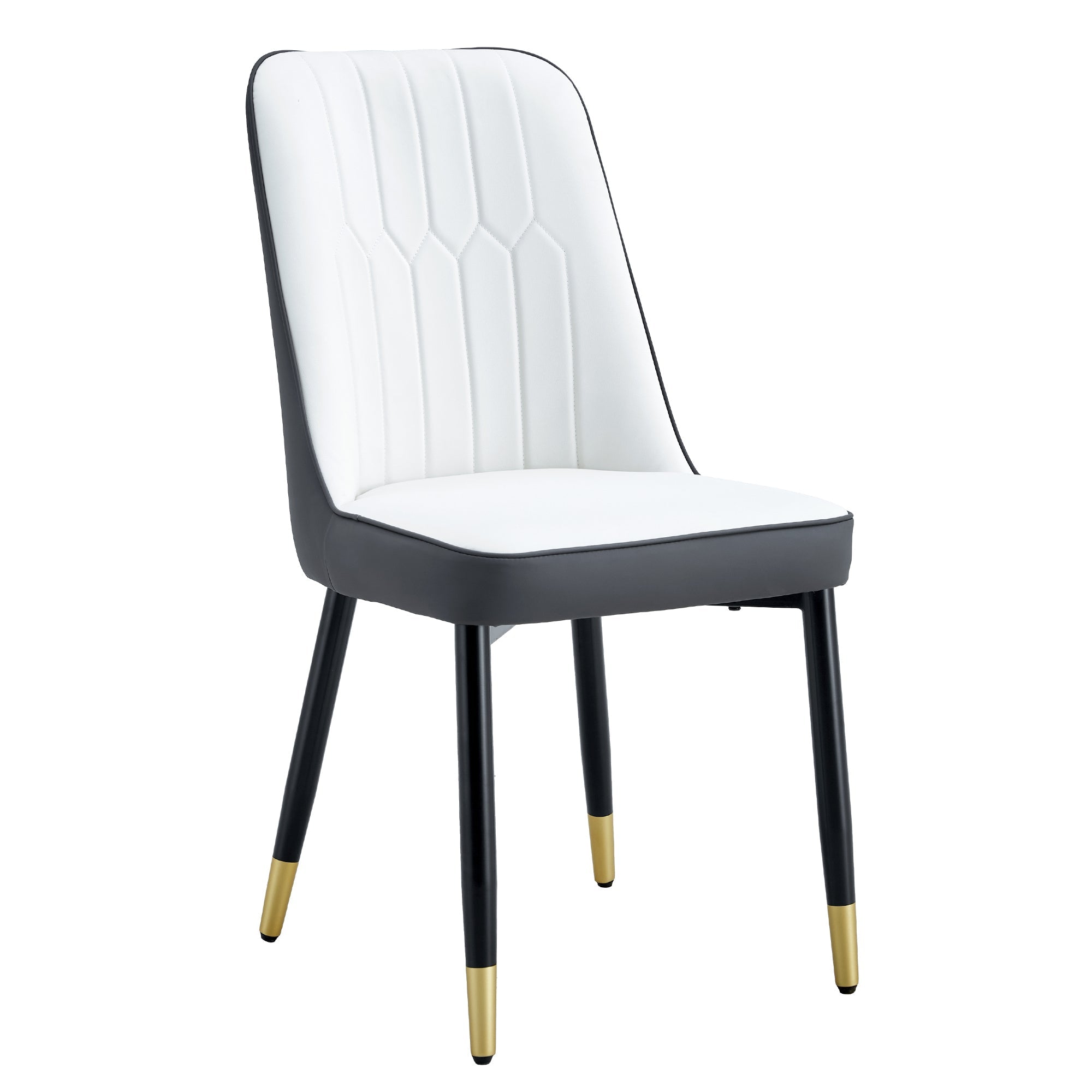 A modern dining chair with a white dark gray dual tone PU leather