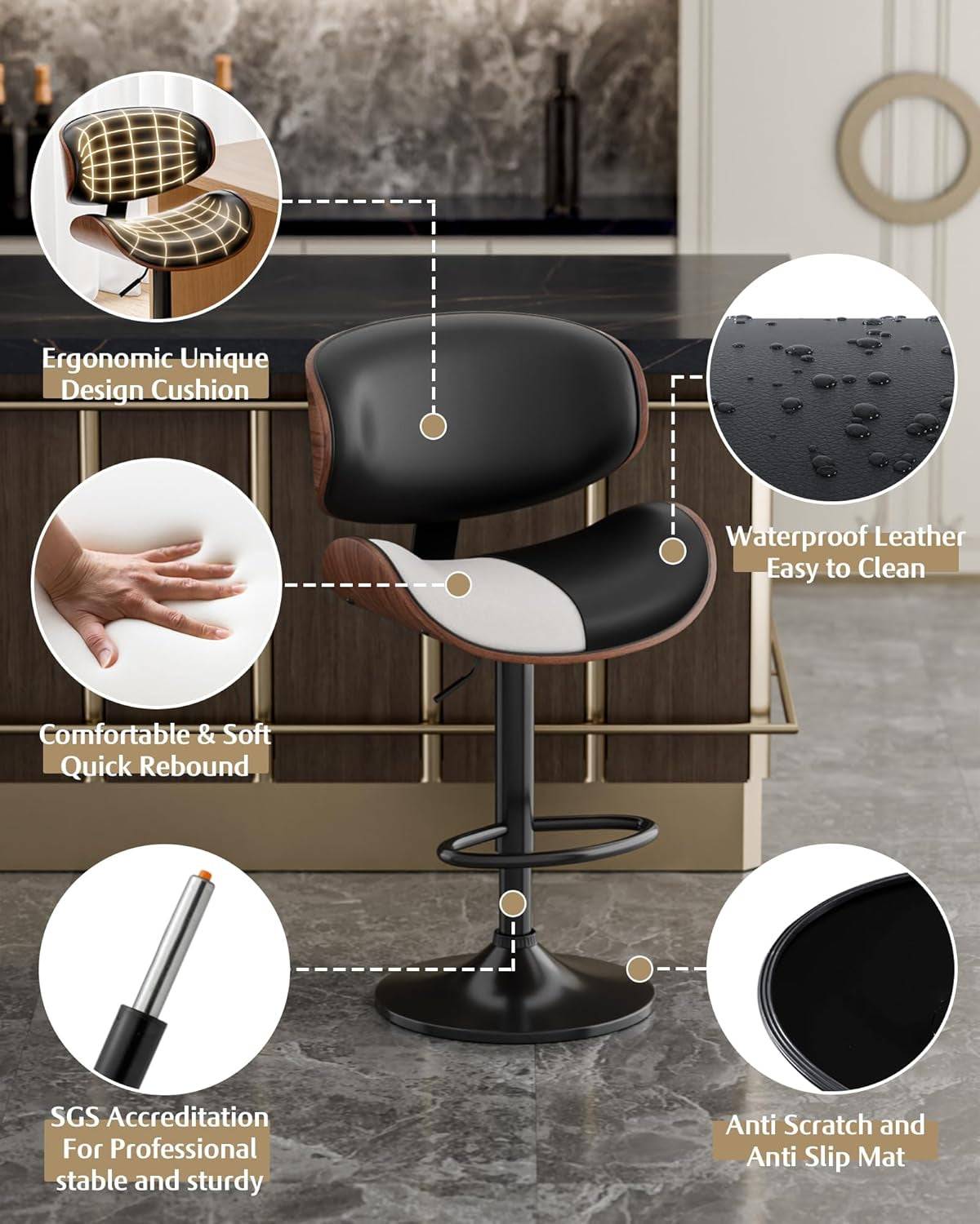 Bar Stools Set of 2, Adjustable Swivel Leather Bar Stools for Kitchen