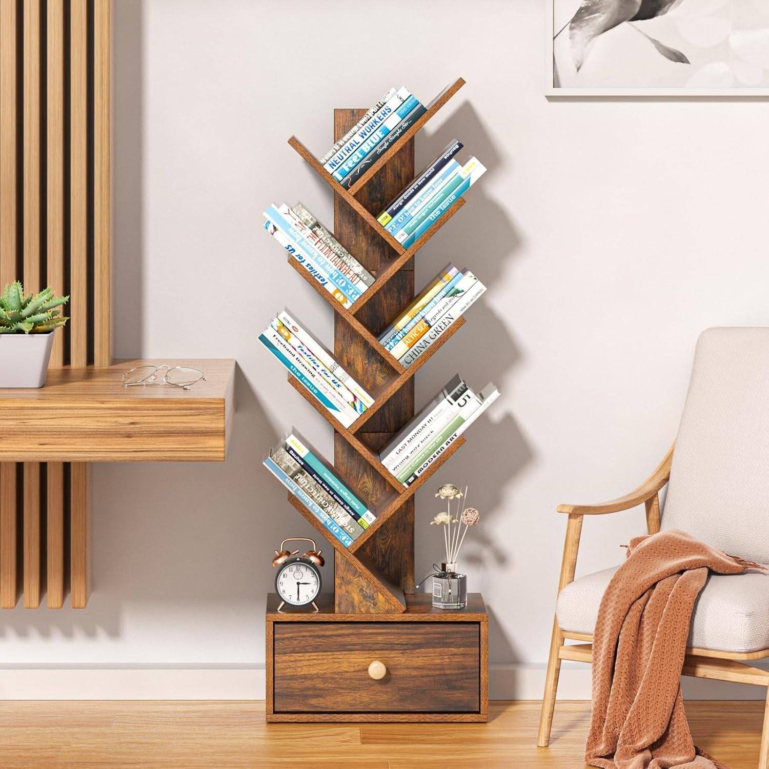 8 Tier Tree Bookshelf with Drawer, Free Standing Wood Bookcase for