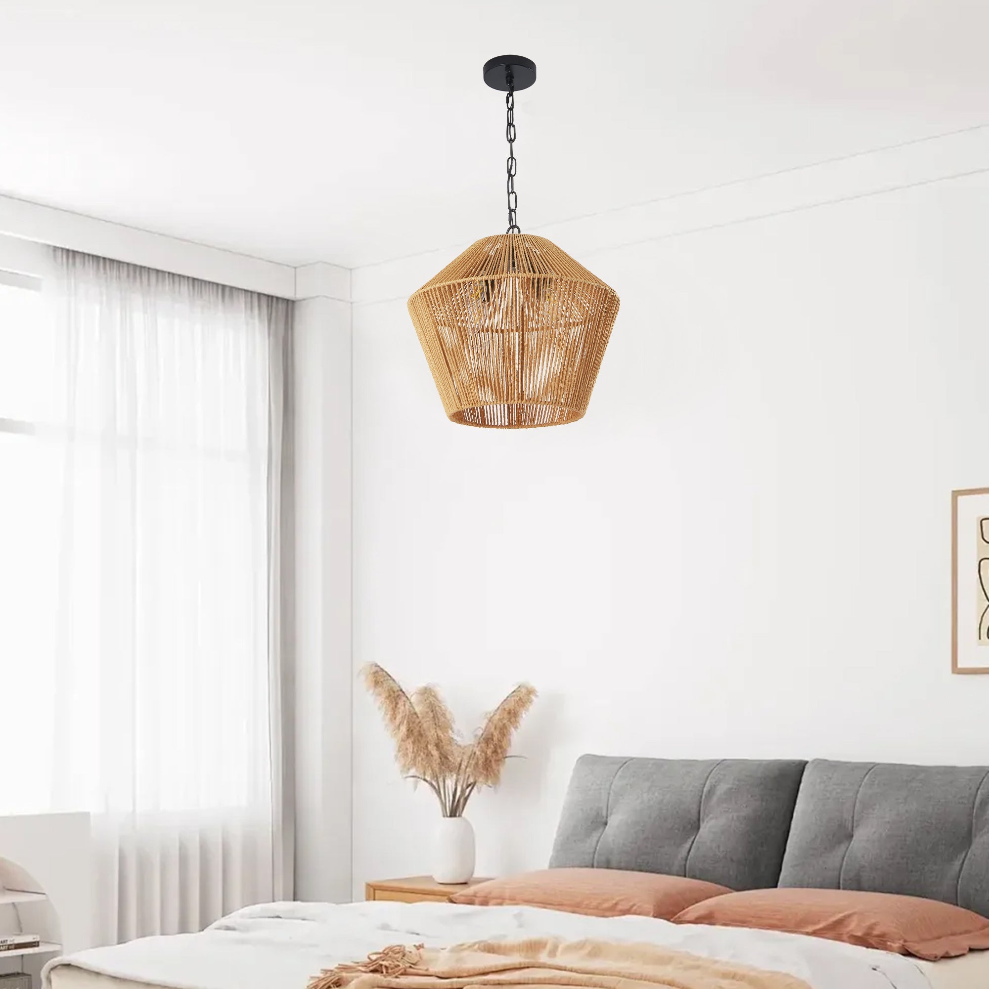 Boho Hemp Rope Pendant Light, Handcrafted Farmhouse Hanging Light