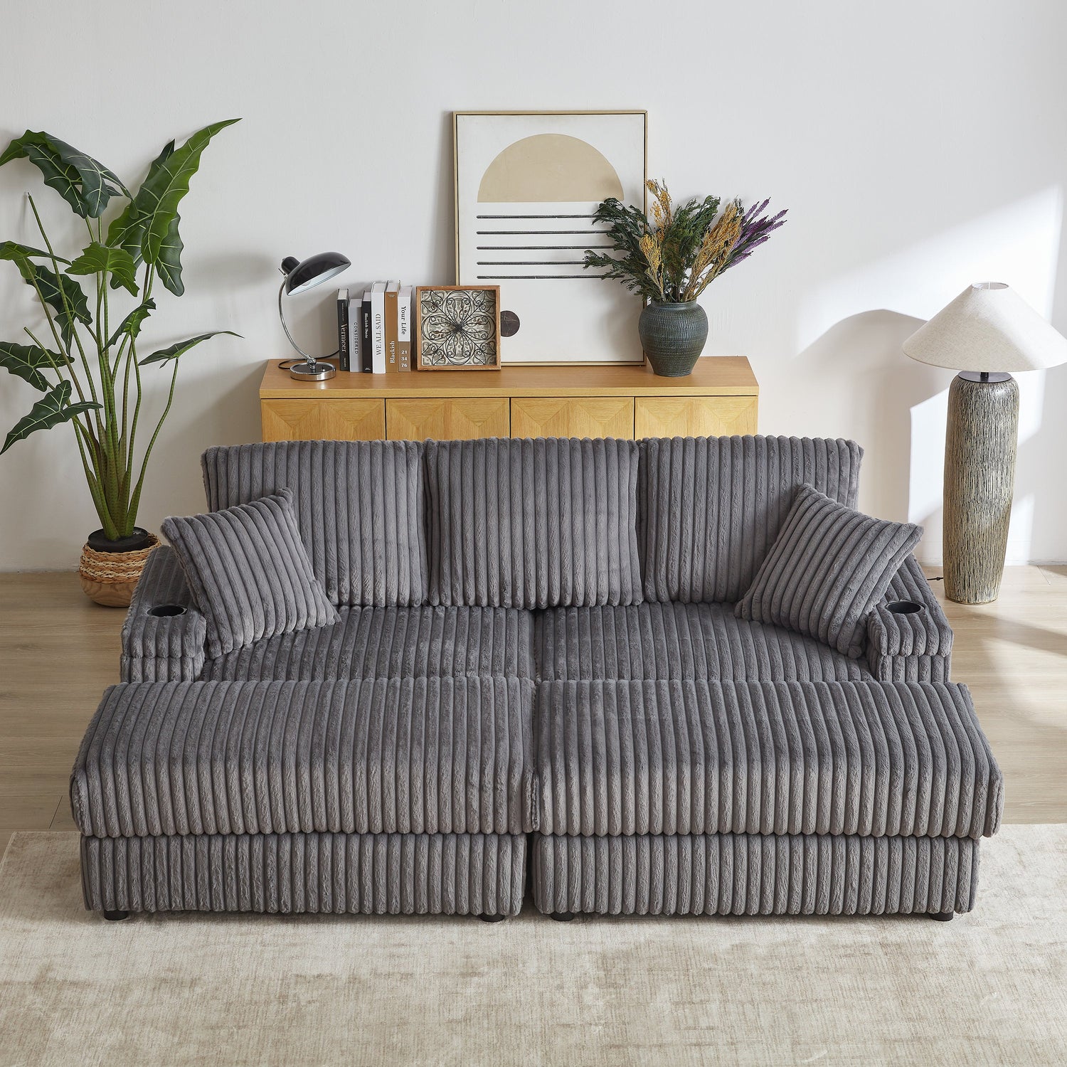 84Inch Corduroy 3-seater sofa With 3 back pillows ,2 toss pillows , a