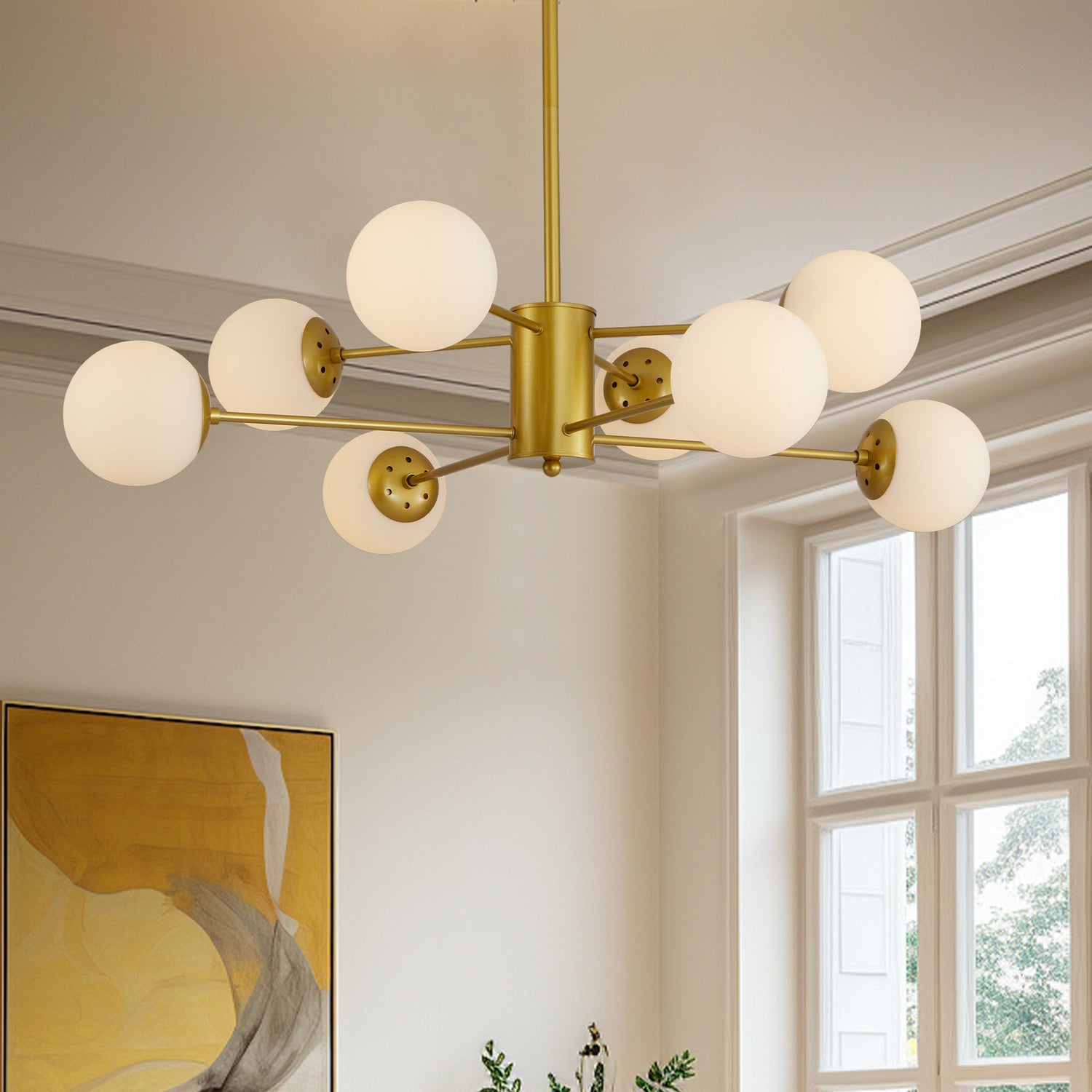 Modern 8-Light Gold Chandelier with White Glass Globe Shades,