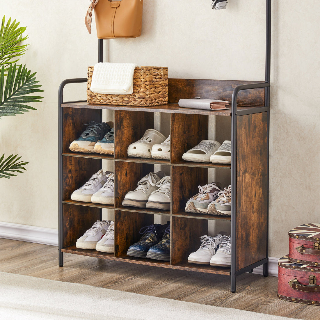Coat Rack, Hall Tree with Shoe Rack for Entryway, 3-in-1 Entryway Coat