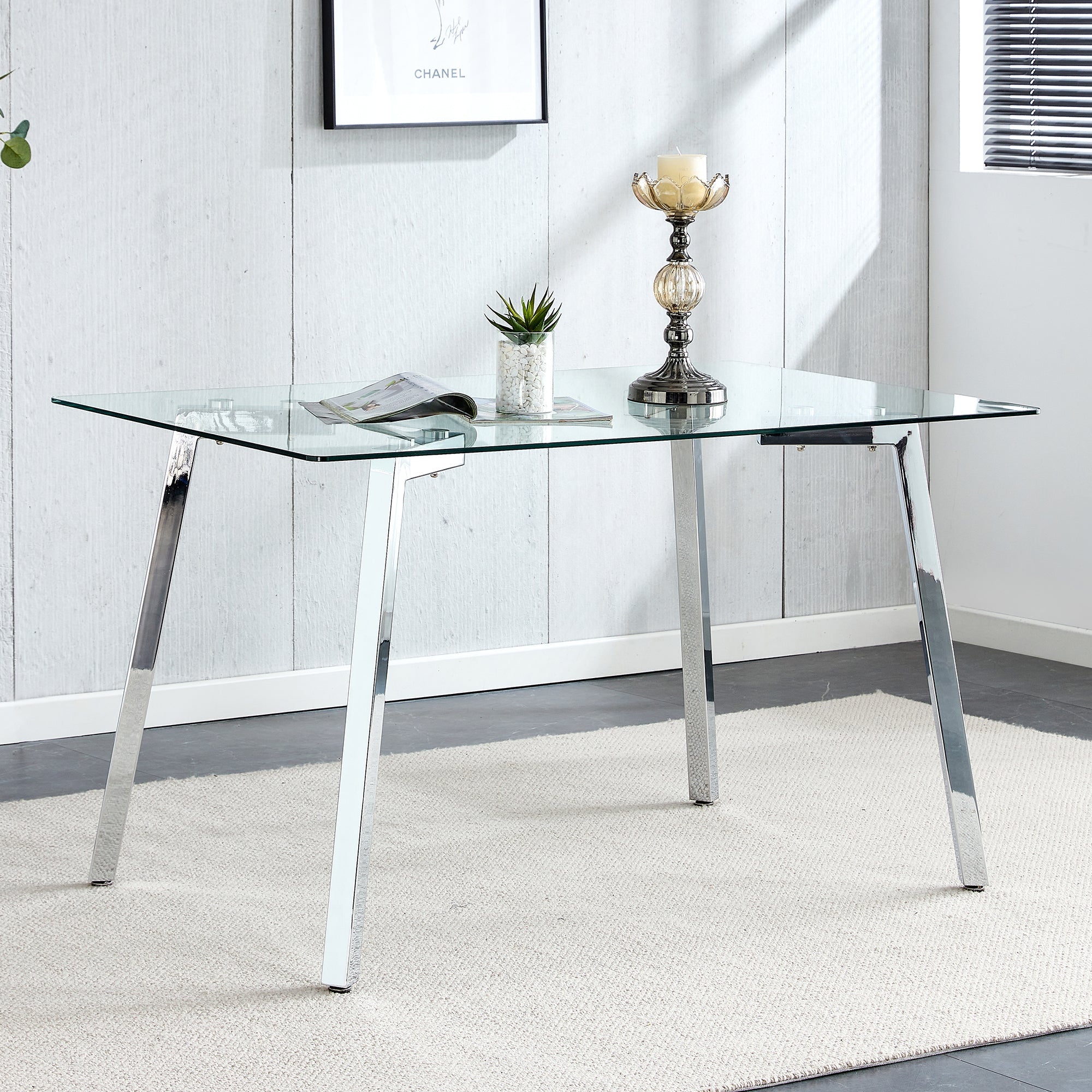 Glass Dining Table Modern Minimalist Rectangular for 4-6 with 0.31&