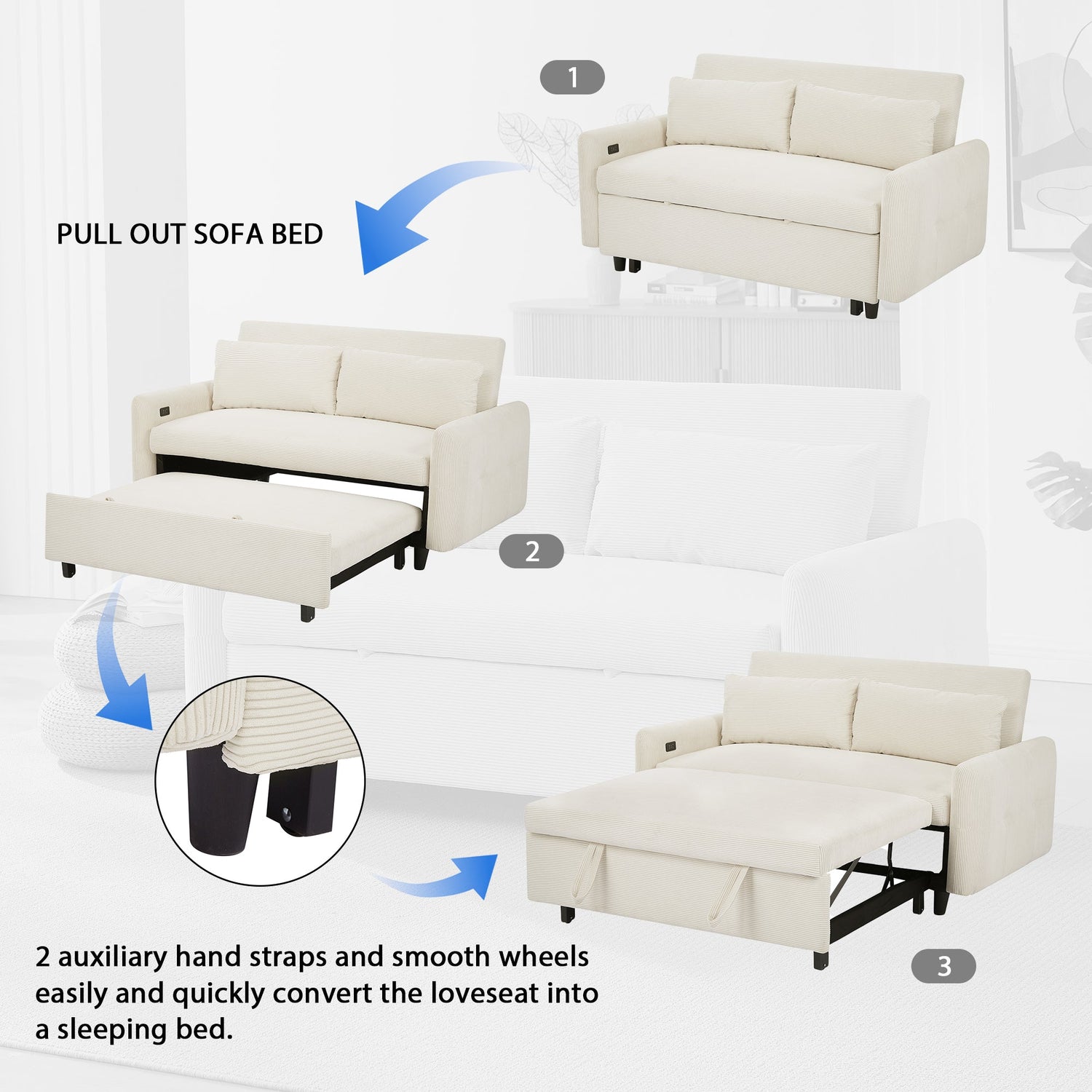 57.48" Pull-out Sofa Bed Convertible Couch 2 Seat Loveseat Sofa Modern