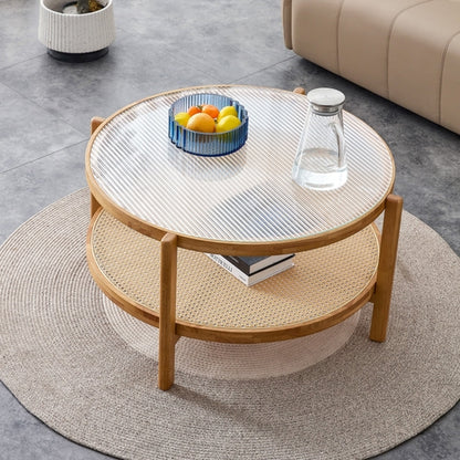 Modern simple circular double-layer solid wood tea table rattan woven