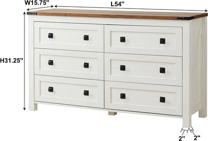 Rustic White Dresser with 6 Drawers for Bedroom Storage
