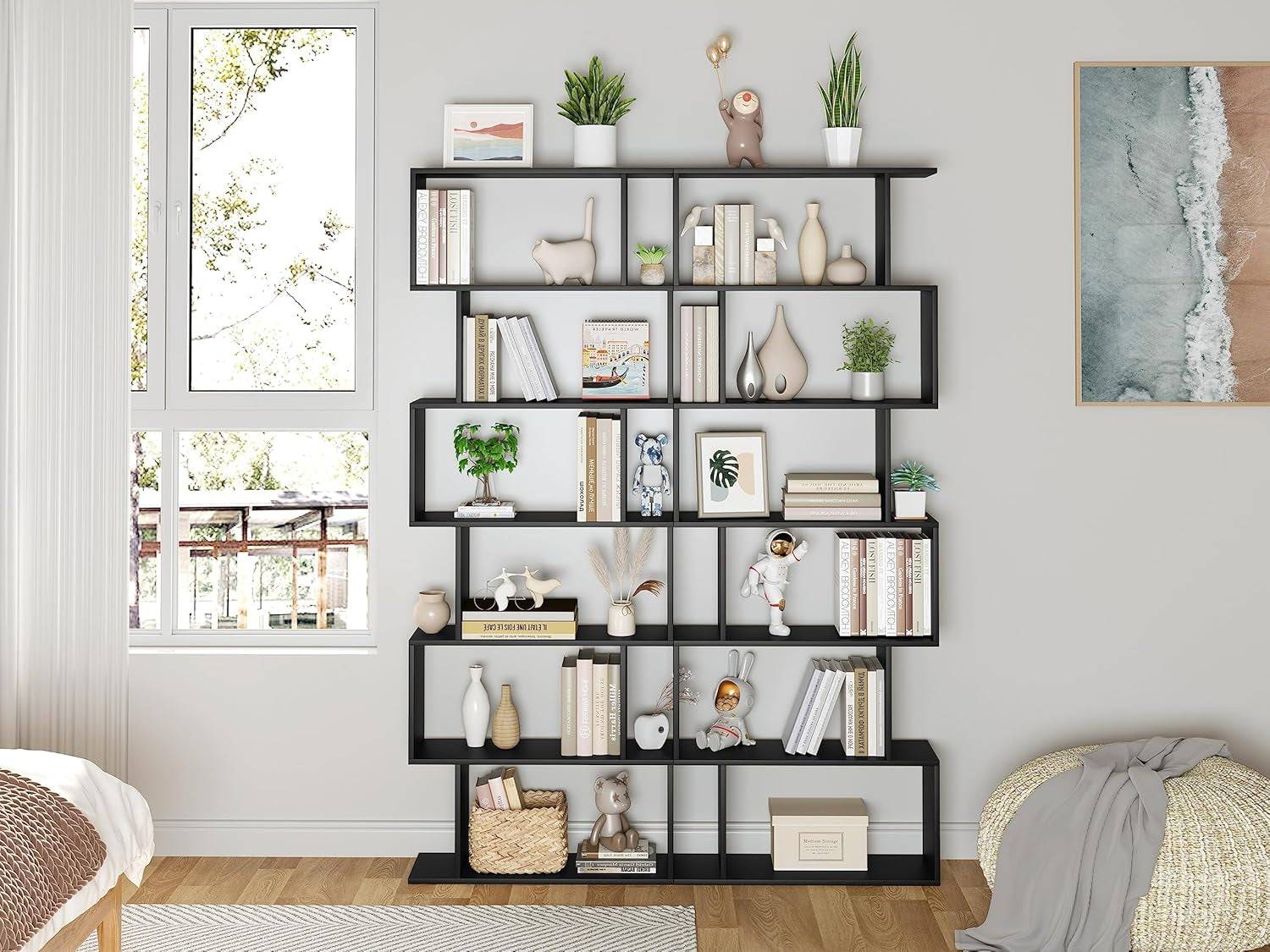 6-Tier Black S-Shaped Modern Geometric Bookshelf