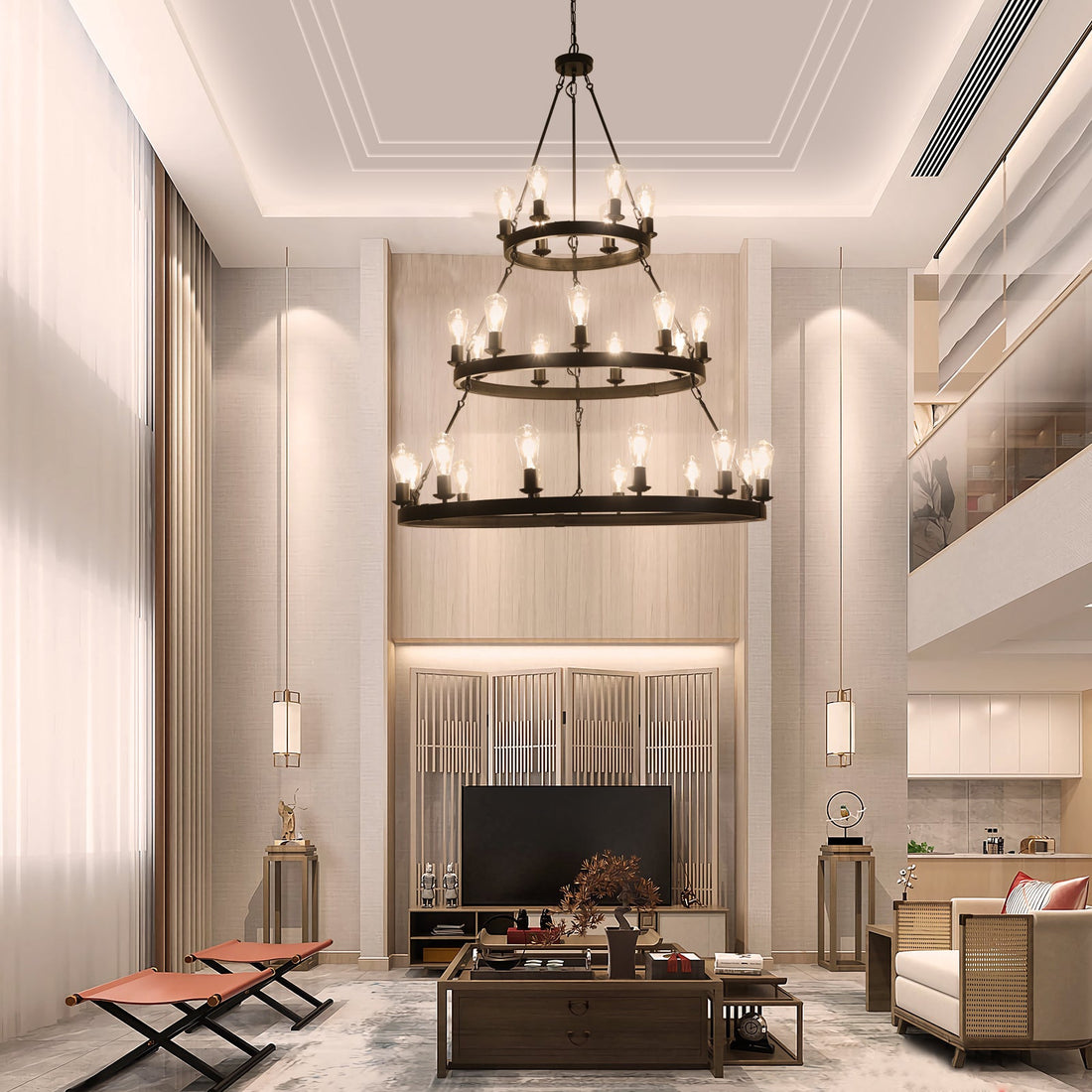 27 Light Metal Ring Chandelier Black