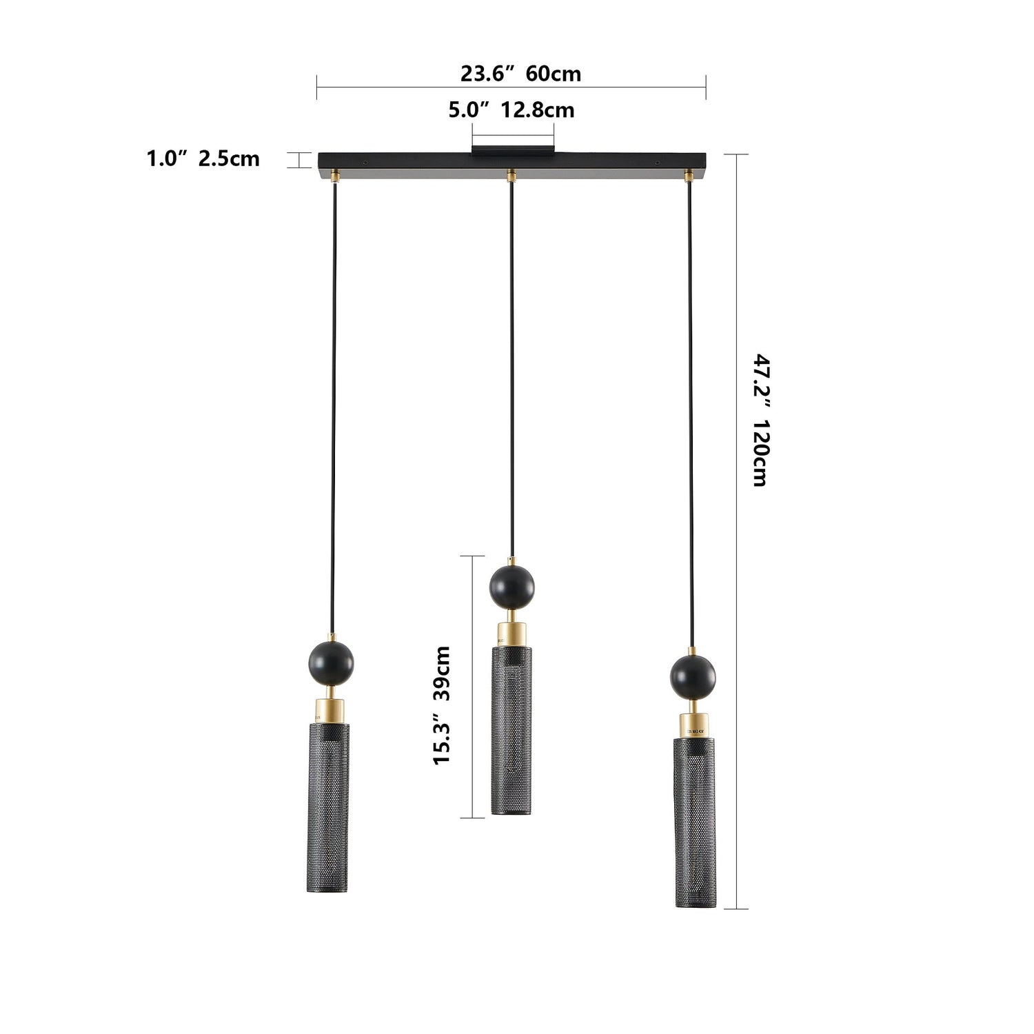 Modern Black and Gold 3-Light Pendant Chandelier, Adjustable Hanging