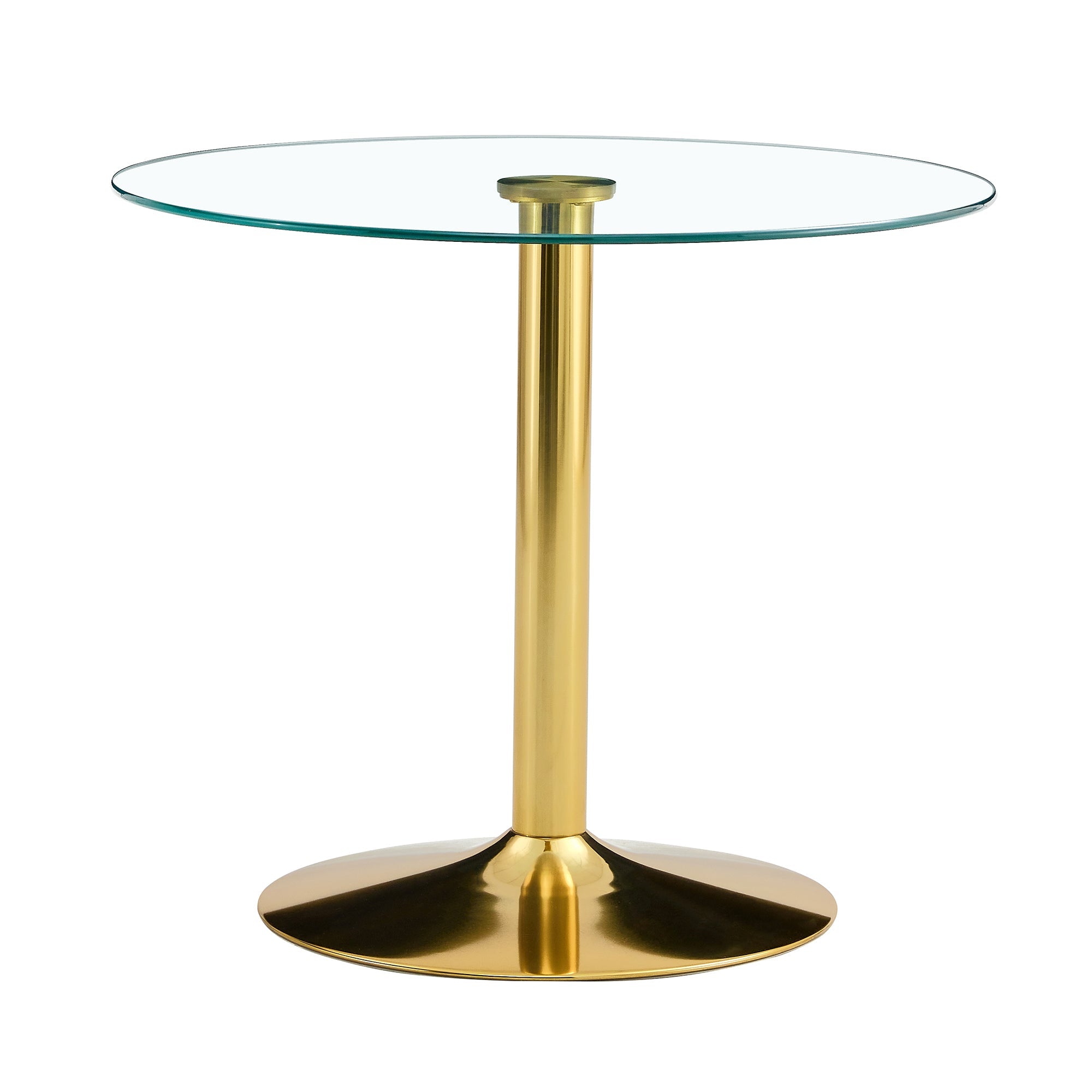 A 35-inch diameter glass top and a modern, minimalist round dining