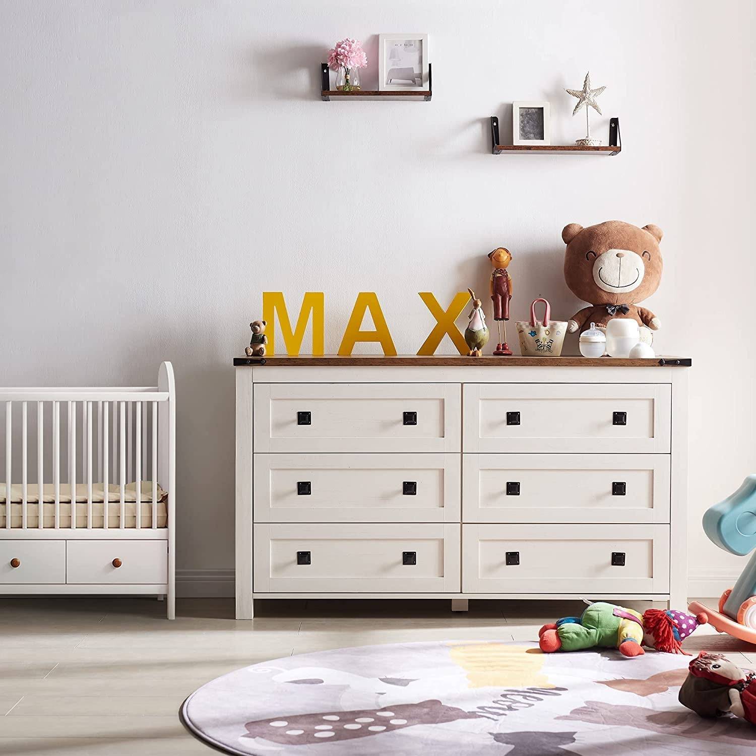 Rustic White Dresser with 6 Drawers for Bedroom Storage