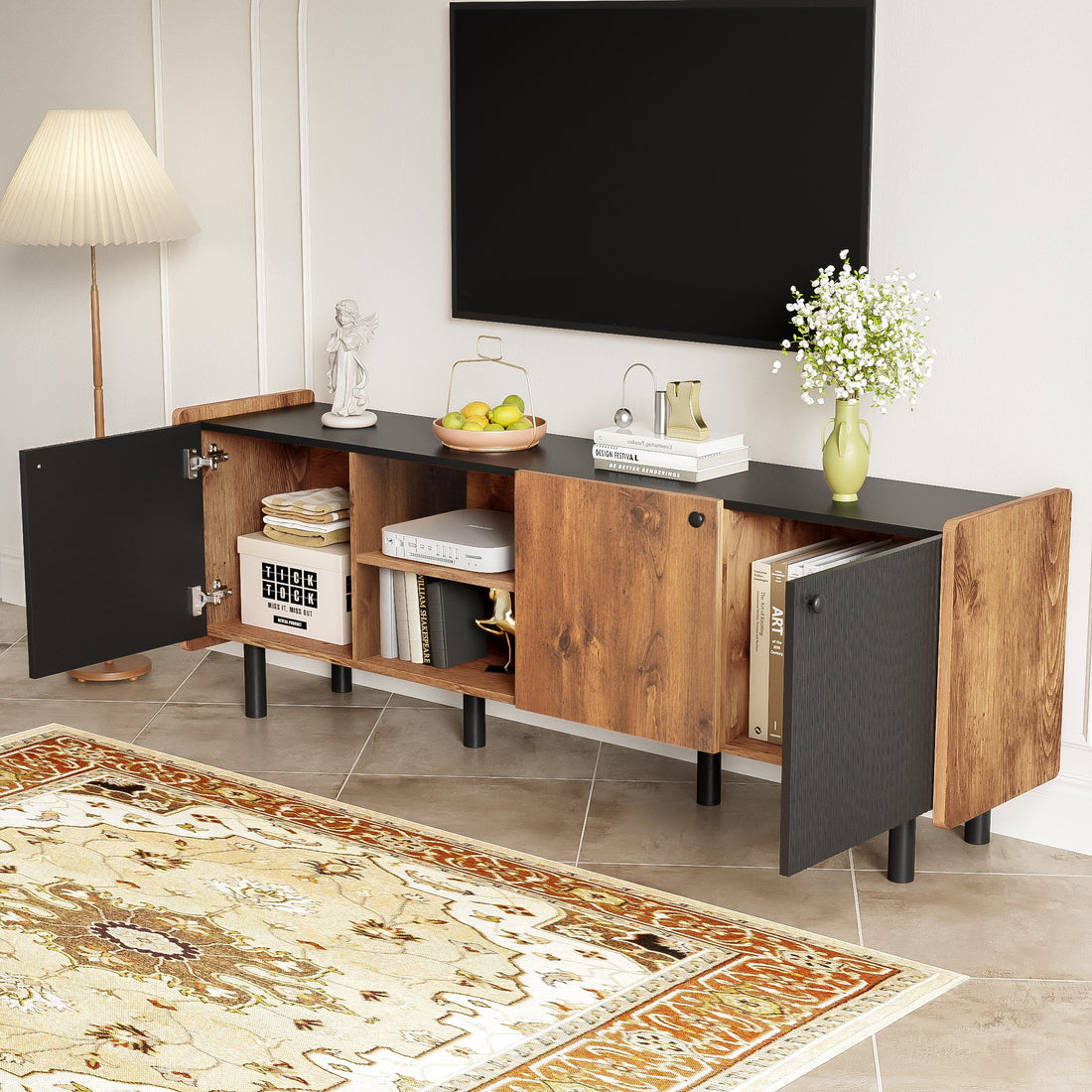 Mid Century TV Stand with 3 Cabinets, Media Console Table for TVs up