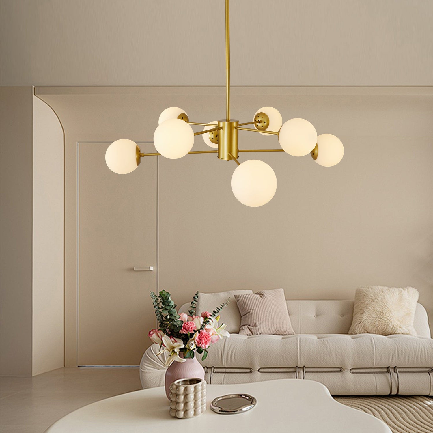 Modern 8-Light Gold Chandelier with White Glass Globe Shades,