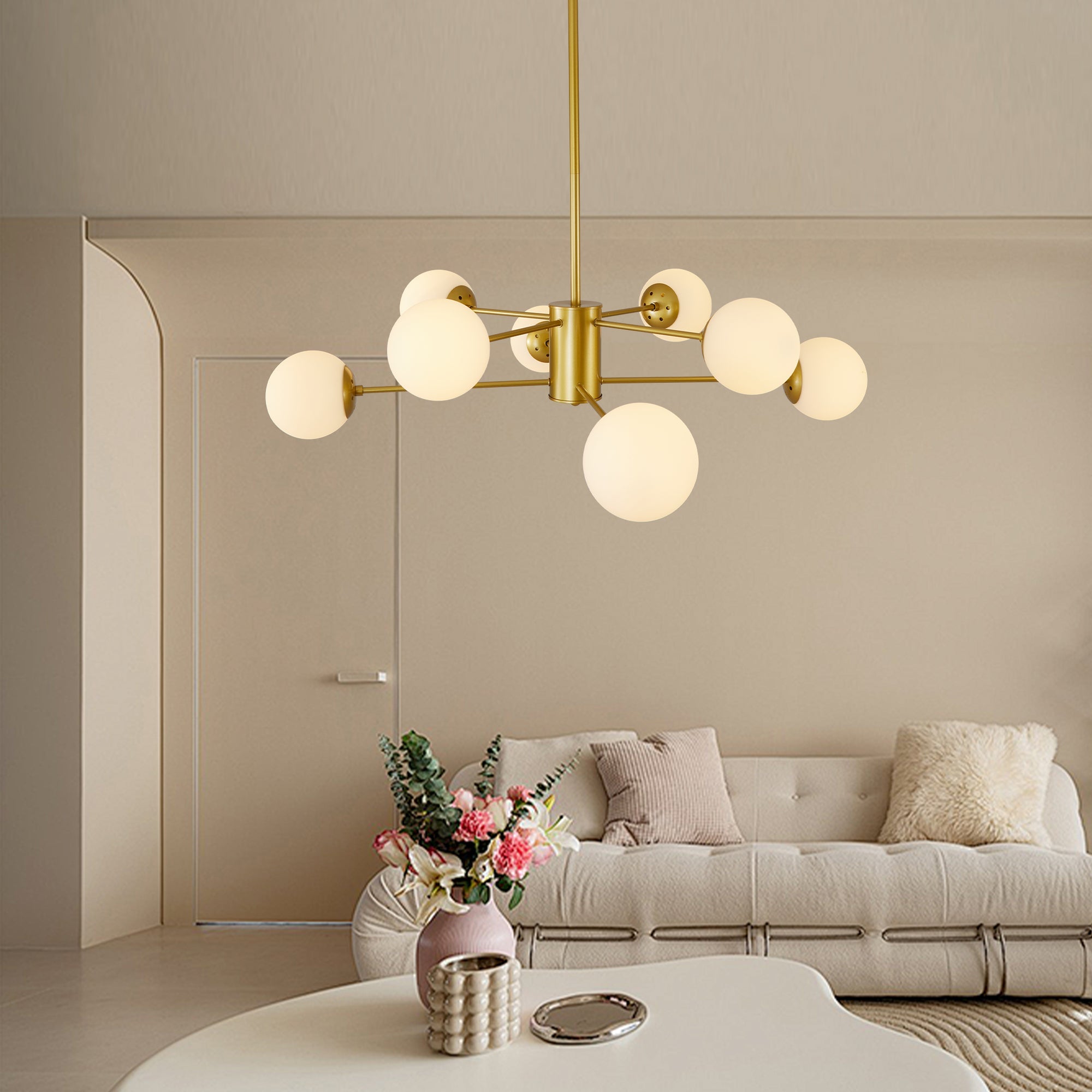 Modern 8-Light Gold Chandelier with White Glass Globe Shades,