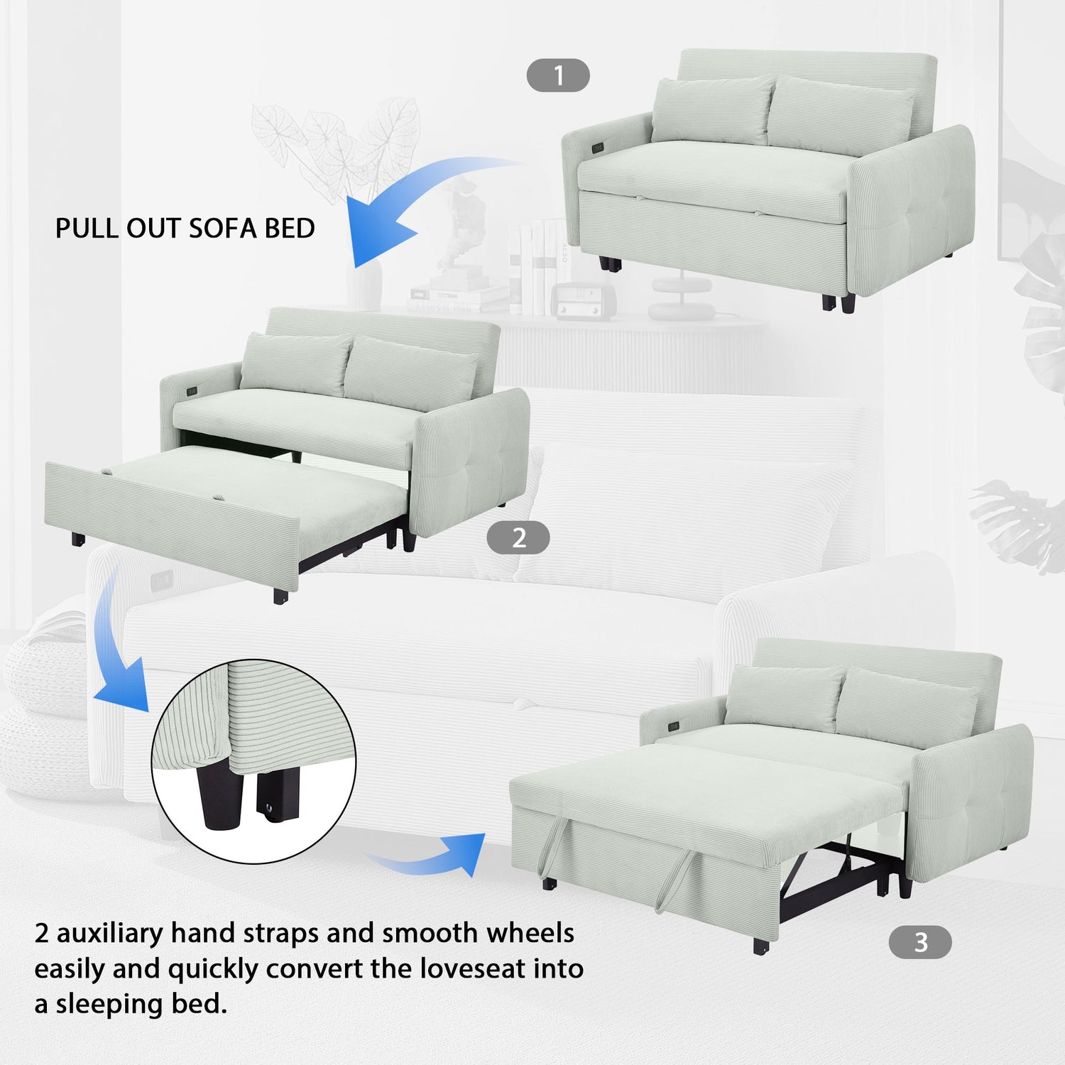 57.48" Pull-out Sofa Bed Convertible Couch 2 Seat Loveseat Sofa Modern