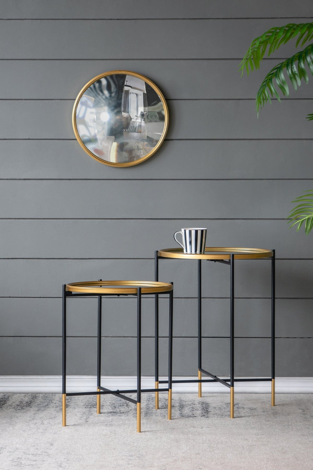 Set of 2 Gold and Black Iron Side Tables with Glass Top, L:D18x23.5&