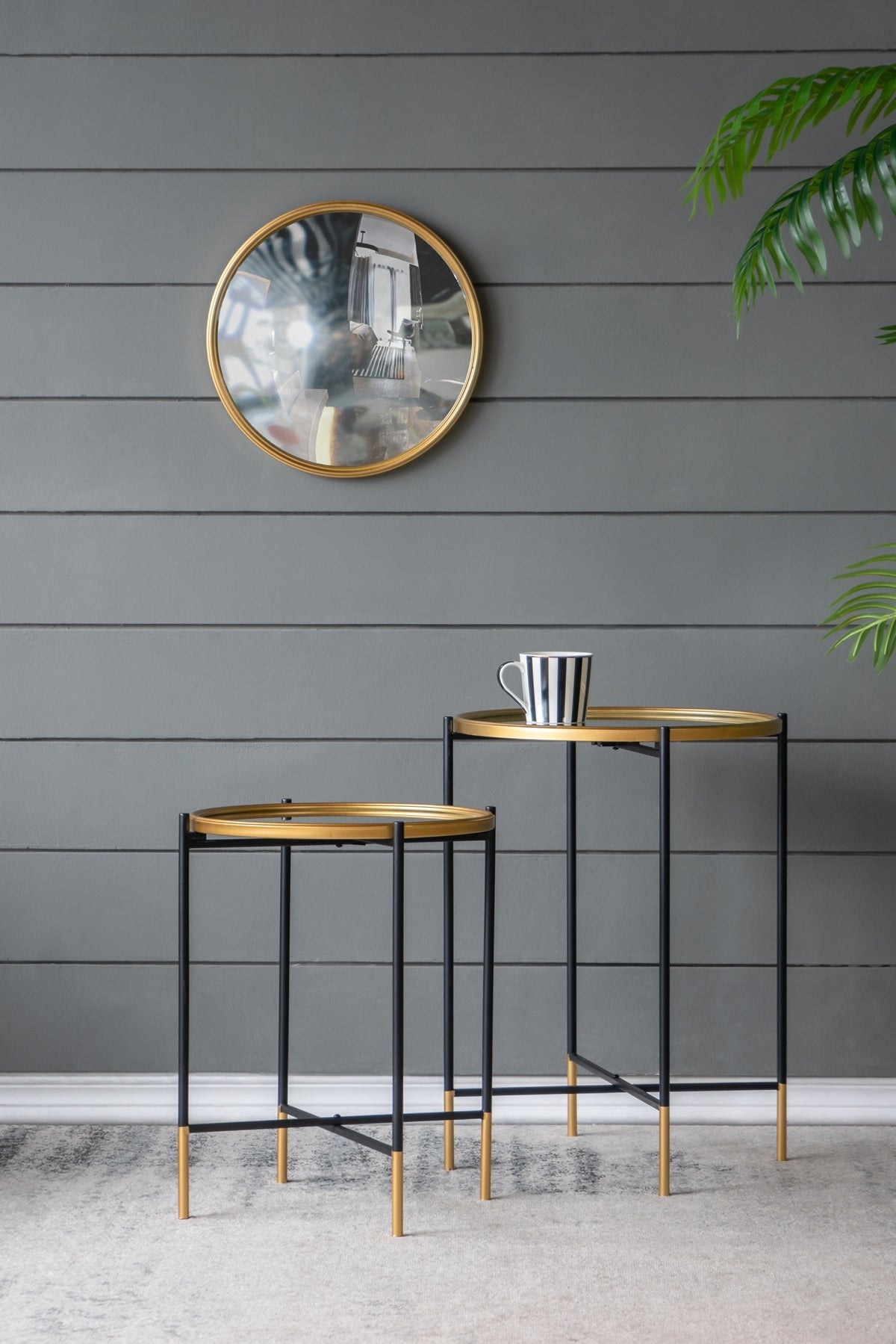 Set of 2 Gold and Black Iron Side Tables with Glass Top, L:D18x23.5&