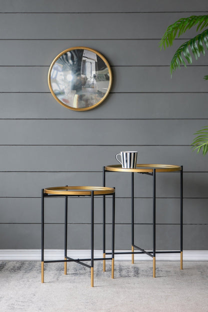 Set of 2 Gold and Black Iron Side Tables with Glass Top, L:D18x23.5&