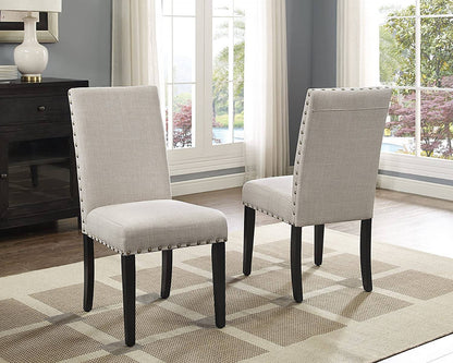 Tan Fabric Nailhead Dining Set with Espresso Wood