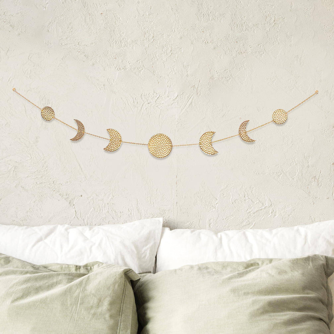 Moon Phase Wall Decor Hanging Garland   7 Gold Hammered Metal Boho