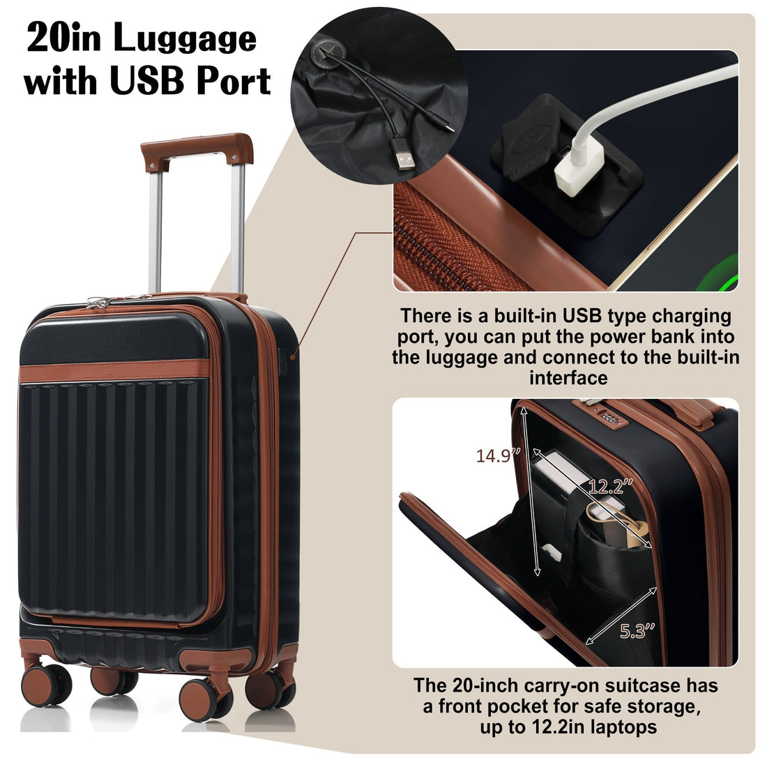 Luggage Set of 3, 20inch with USB Port, front opening design Airline