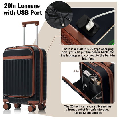 Luggage Set of 3, 20inch with USB Port, front opening design Airline