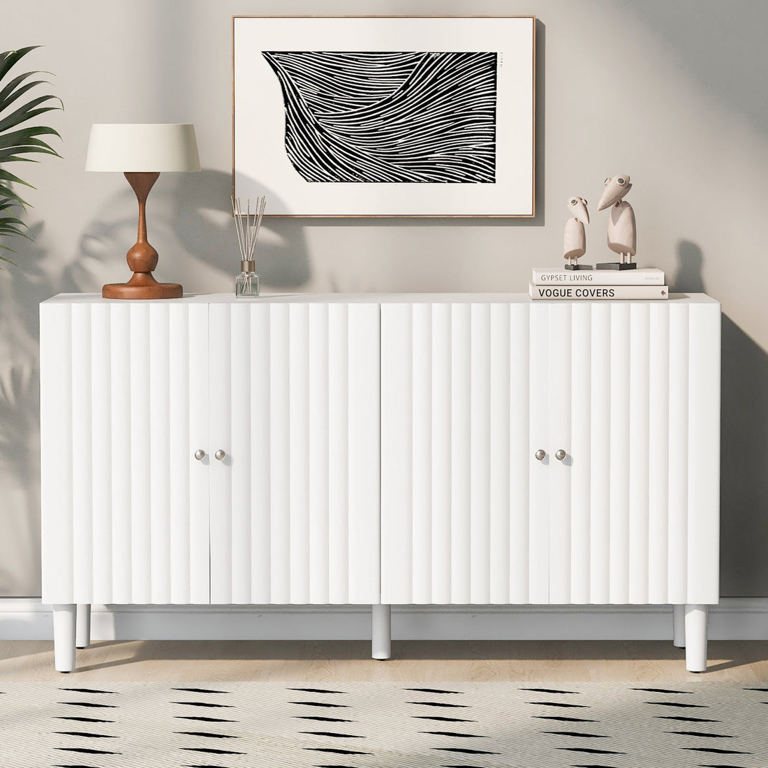 Elegant Four-Door Sideboard with Wavy Pattern Doors, Cylindrical Legs,