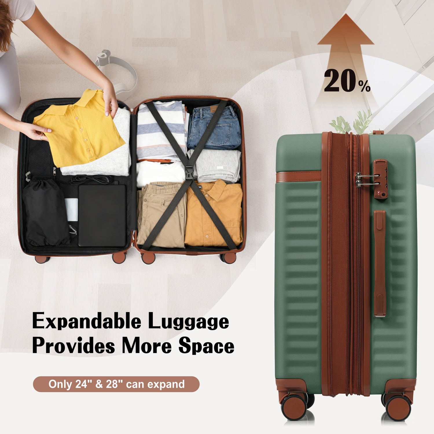 Luggage Set of 3, 20inch with USB Port, front opening design Airline