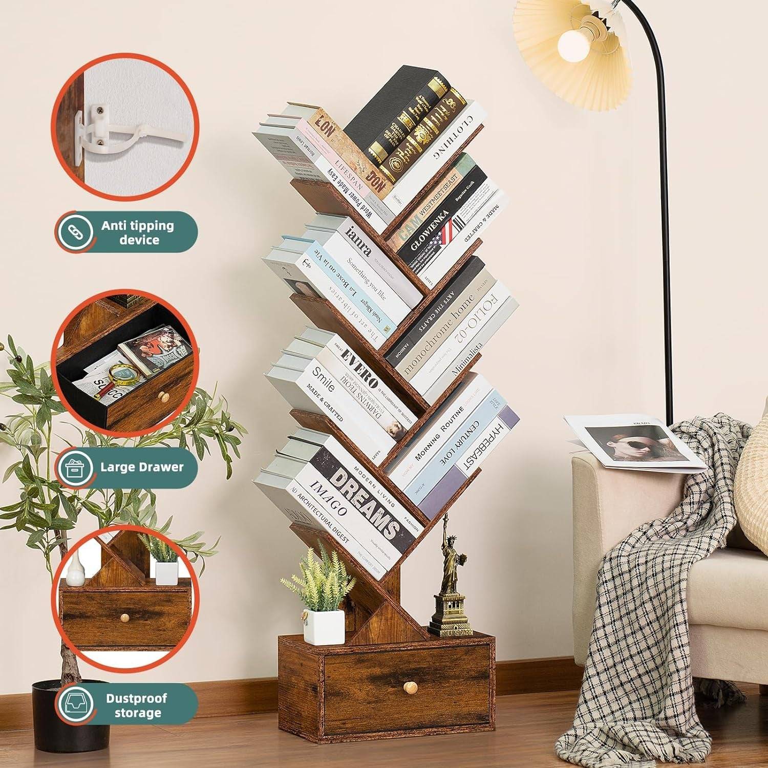8 Tier Tree Bookshelf with Drawer, Free Standing Wood Bookcase for