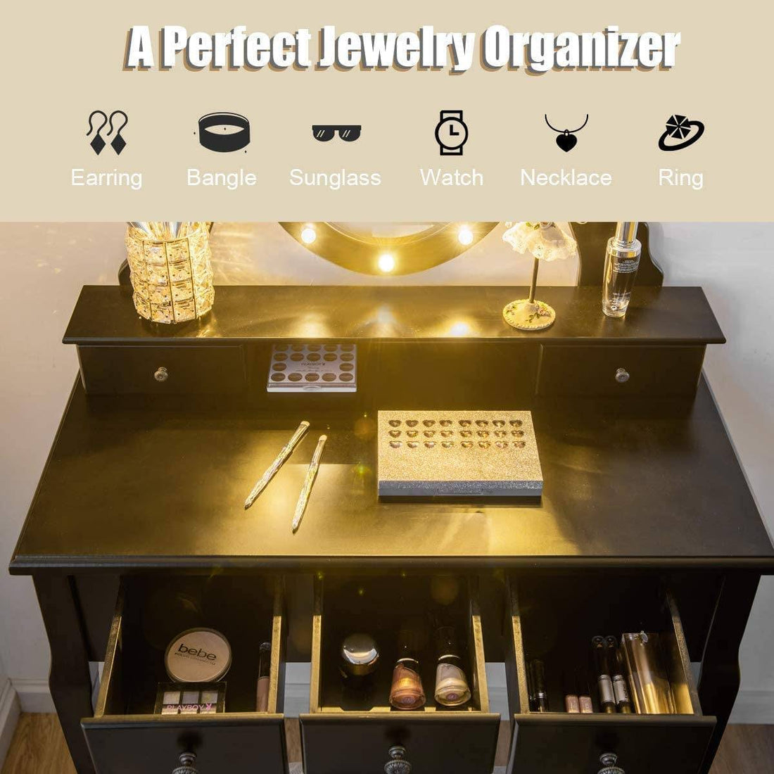Black Vanity Dressing Table Set with Rotating Mirror