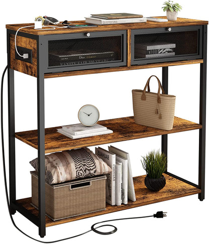 Charging Console Table with Storage Shelves