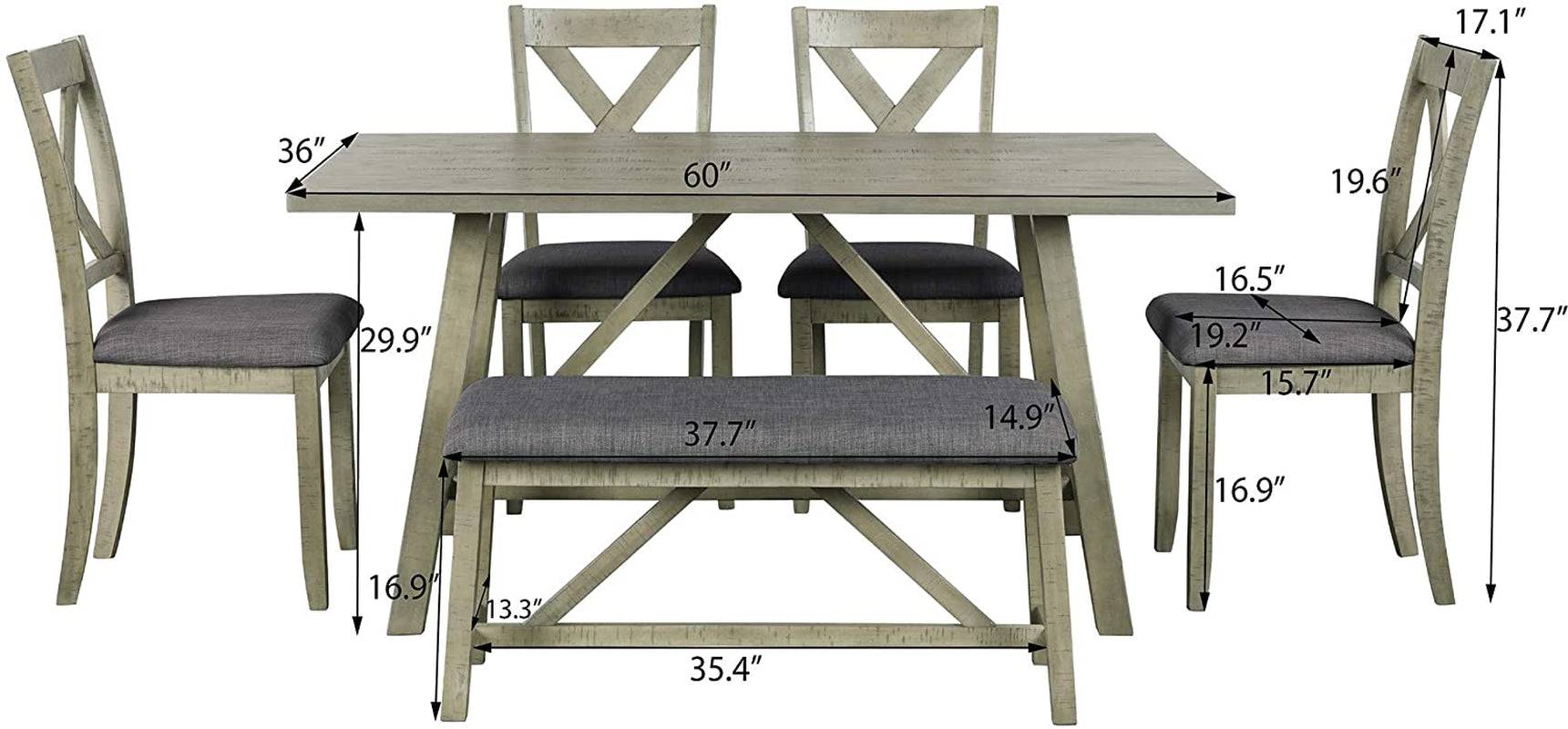 Rustic Gray Wooden 6-Piece Dining Table Set with Cushioned Chairs and