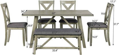 Rustic Gray Wooden 6-Piece Dining Table Set with Cushioned Chairs and