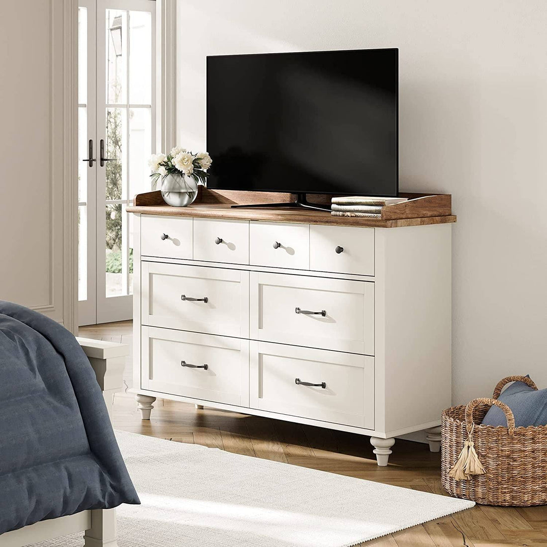 2-In-1 Mid-Century Modern White Dresser TV Stand