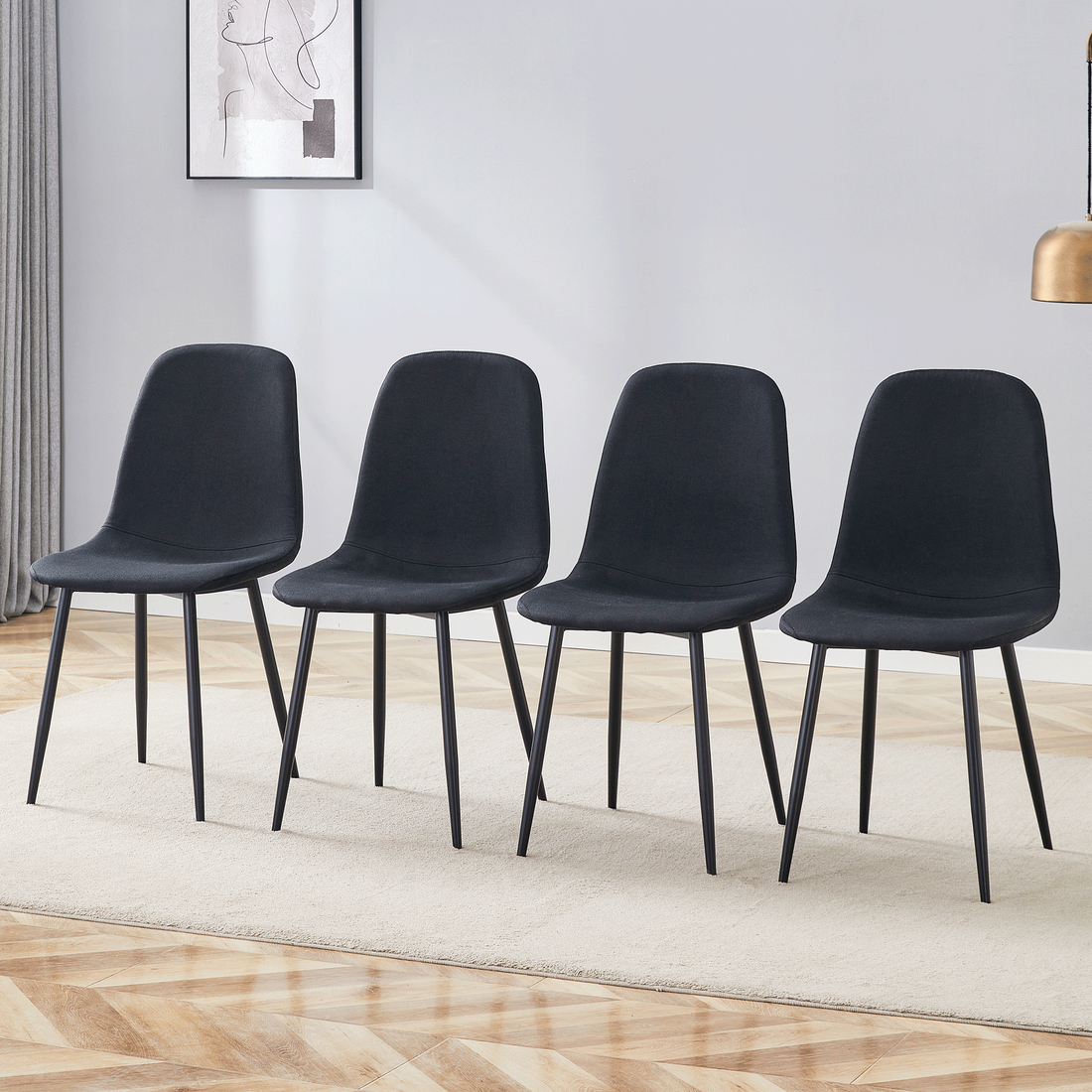 Luxury Simple Chair - Set of 4 BLACK Linen-Cotton Material High