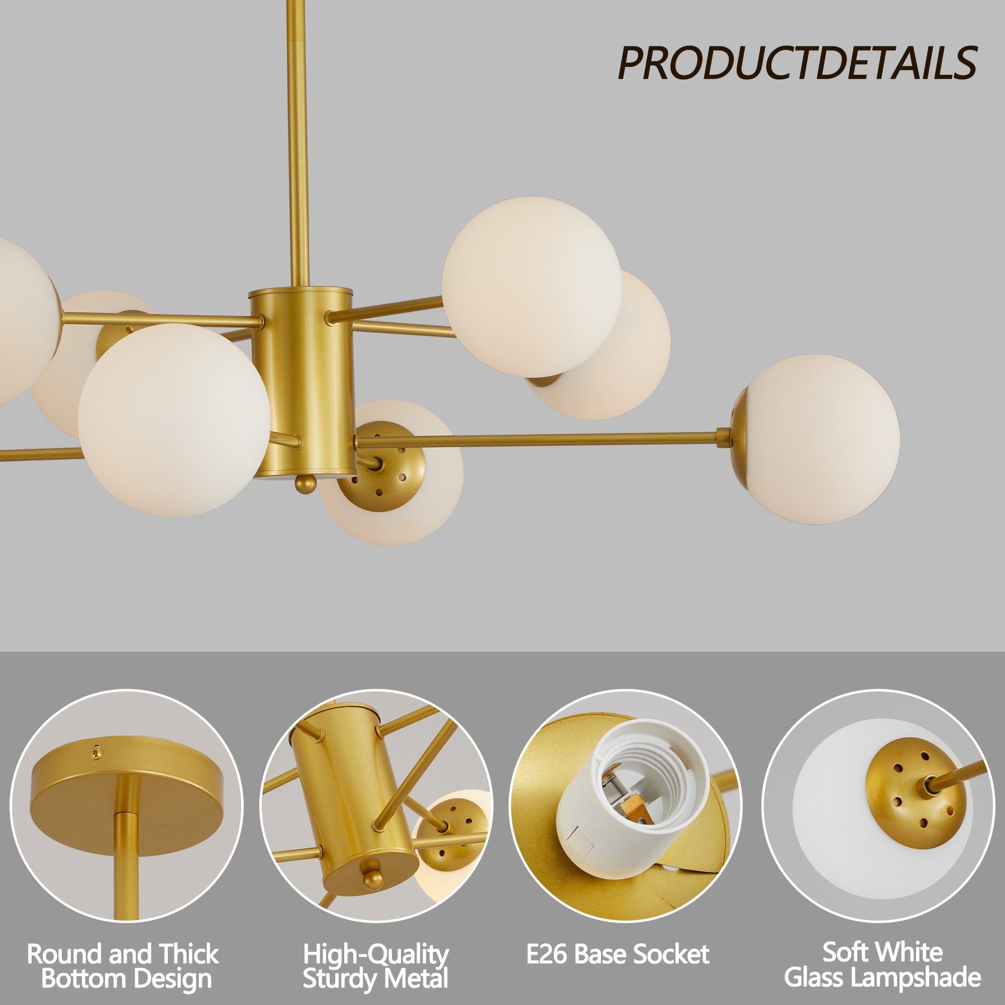 Modern 8-Light Gold Chandelier with White Glass Globe Shades,