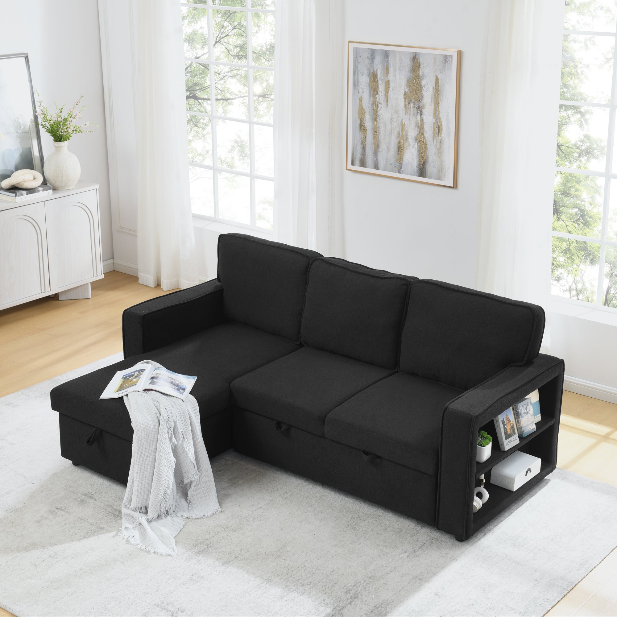 Linen Upholstered Sleeper Sectional Sofa, Shaped Modular Convertible