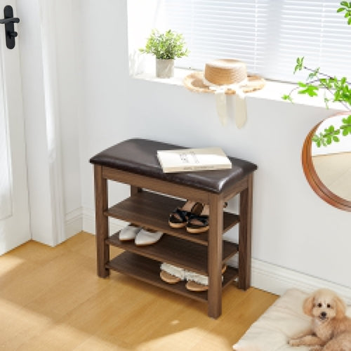 A height-adjustable shoe-changing bench made of high-quality wood,